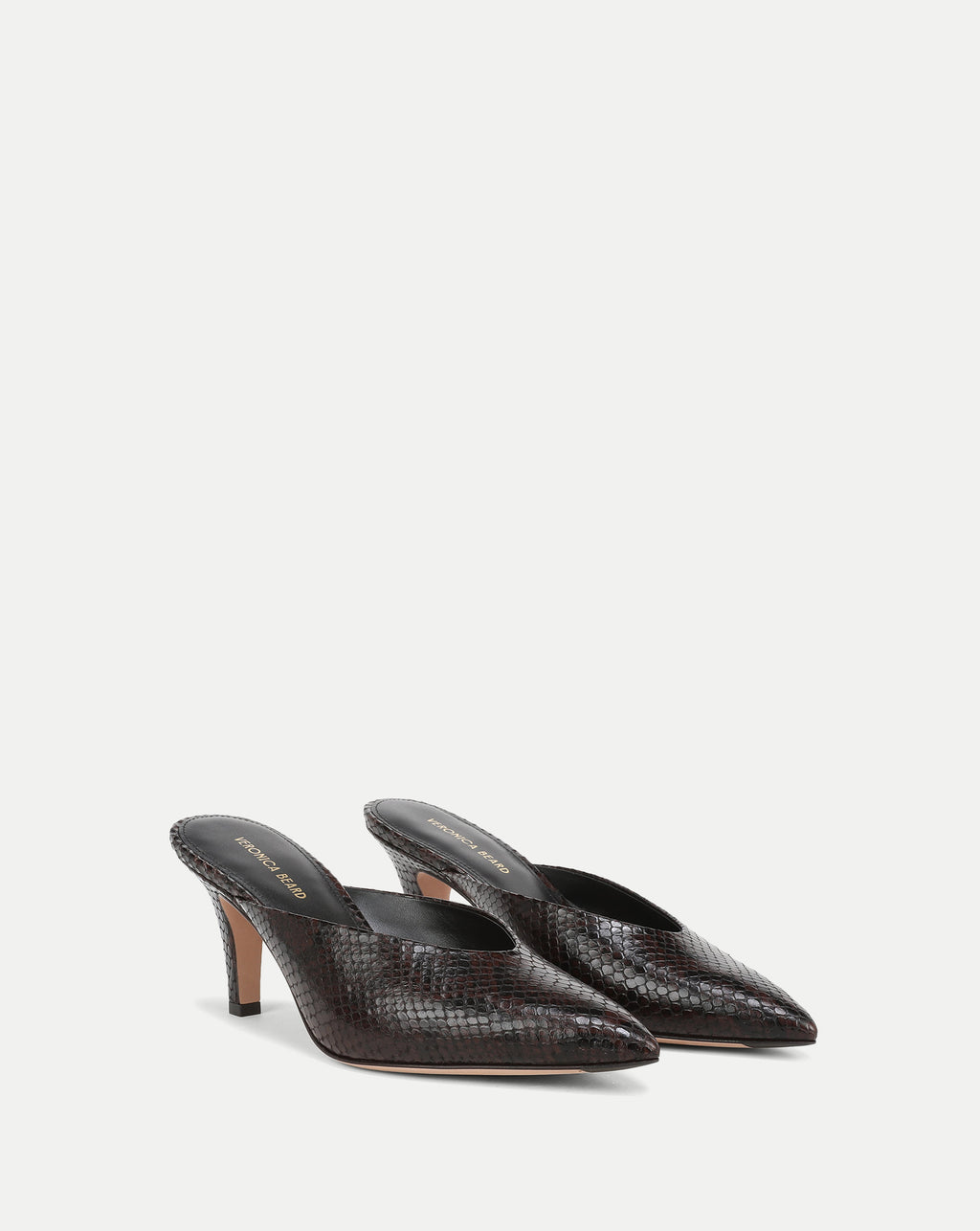Veronica Beard Brown snakeskin leather pointed-toe mules with stiletto heels.