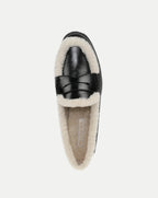 Veronica Beard Black leather shearling-lined slip-on loafer shoe.
