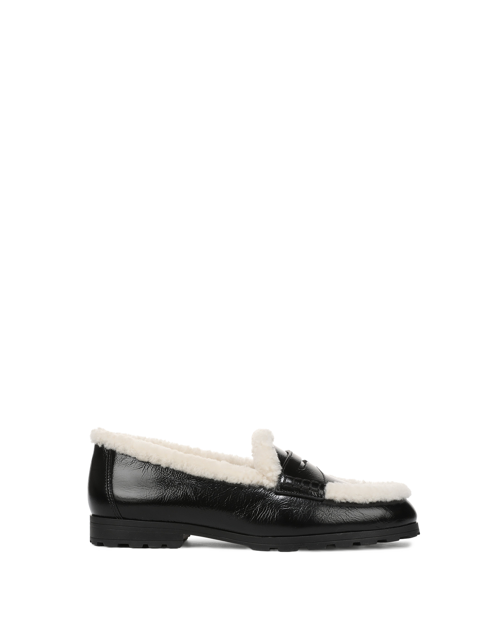 Veronica Beard Black leather loafer with white shearling trim.