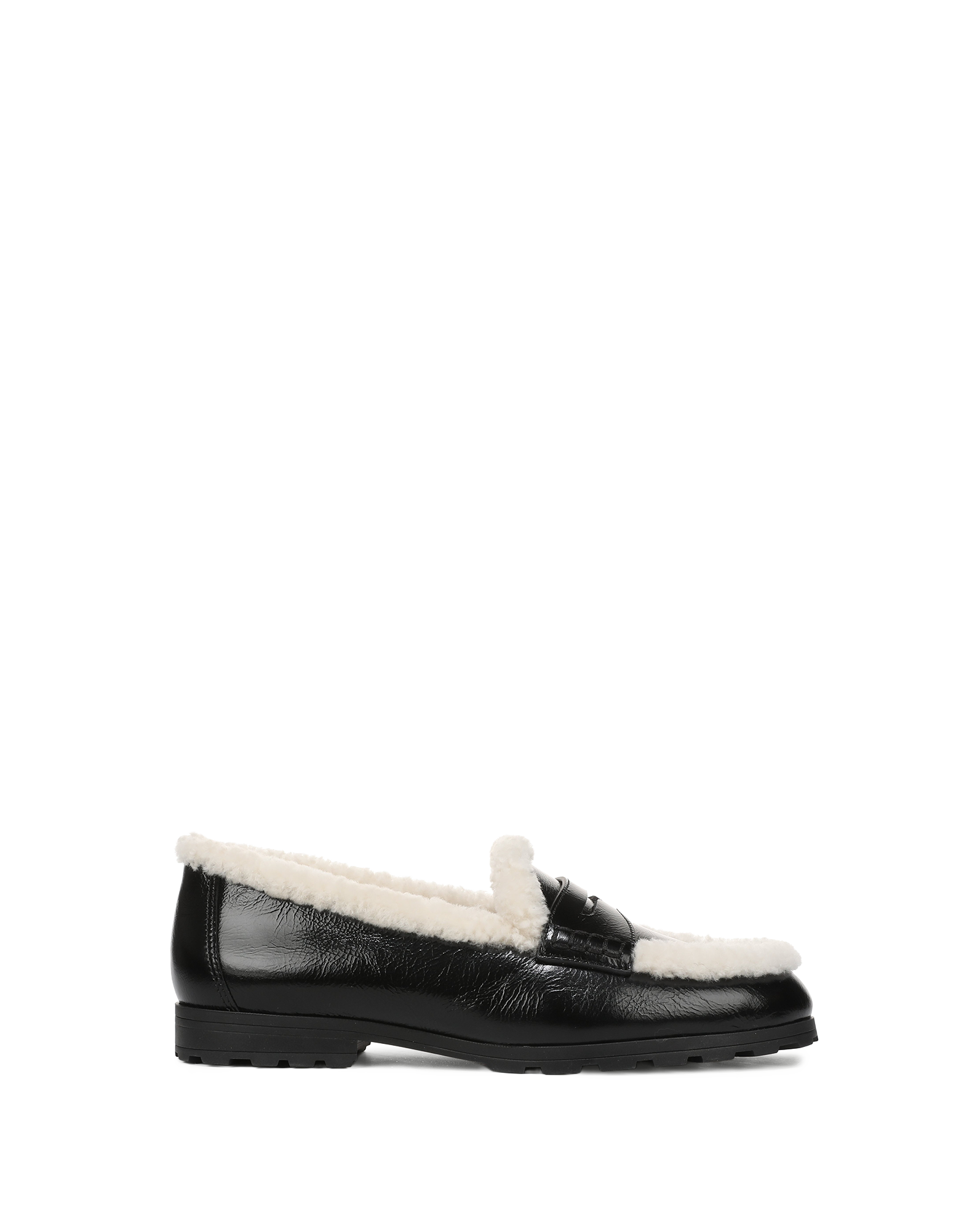 Veronica Beard Black leather loafer with white shearling trim.