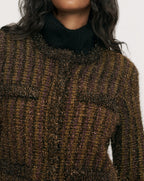 Veronica Beard Metallic tweed jacket in bronze, black, and purple.