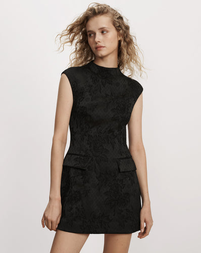 Veronica Beard Black floral brocade sleeveless mock neck minidress.