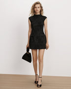 Veronica Beard Black jacquard sleeveless mock neck minidress.