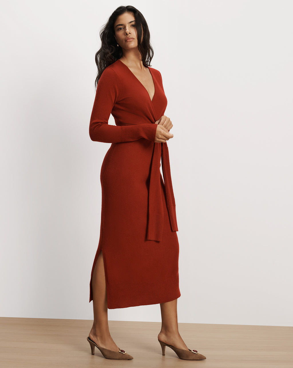 Veronica Beard Rust knit wrap midi dress with belt.