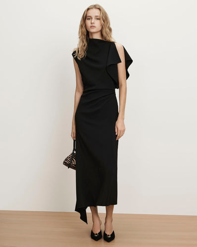 Veronica Beard Black sleeveless midi dress with draped neckline.