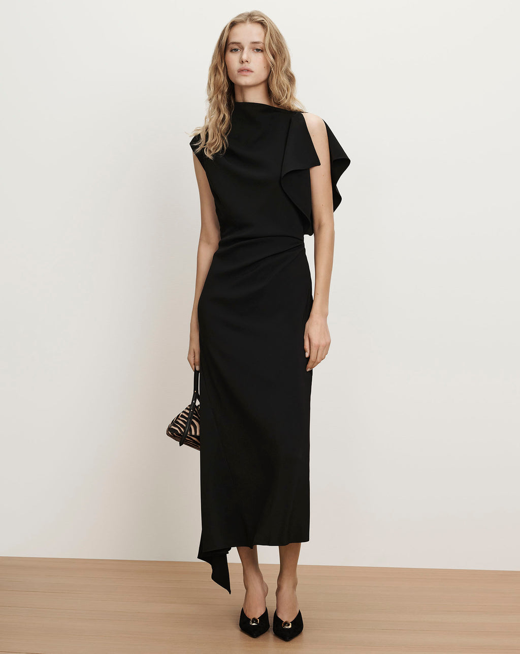 Veronica Beard Black sleeveless midi dress with draped neckline.