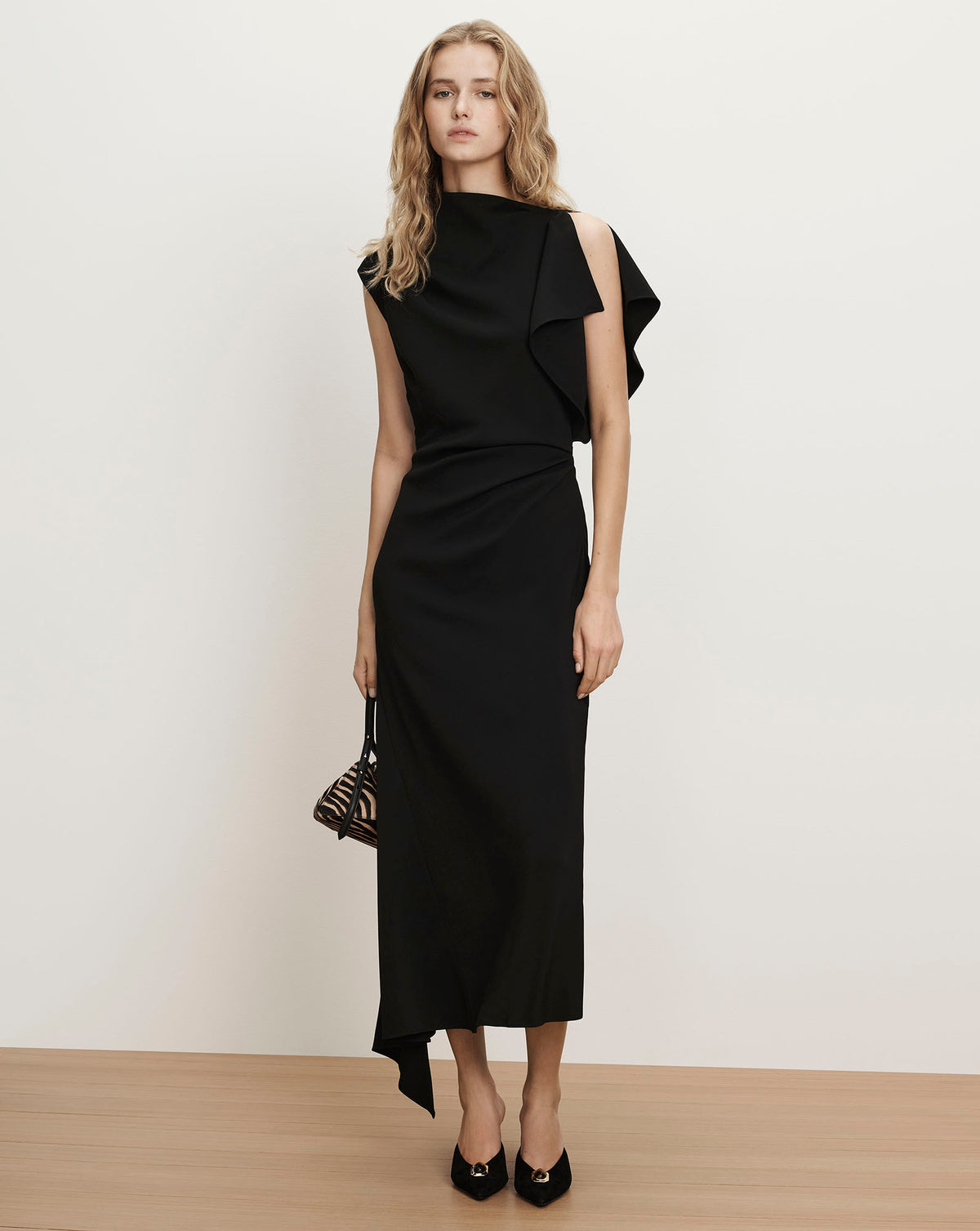 Veronica Beard Black sleeveless midi dress with draped neckline.
