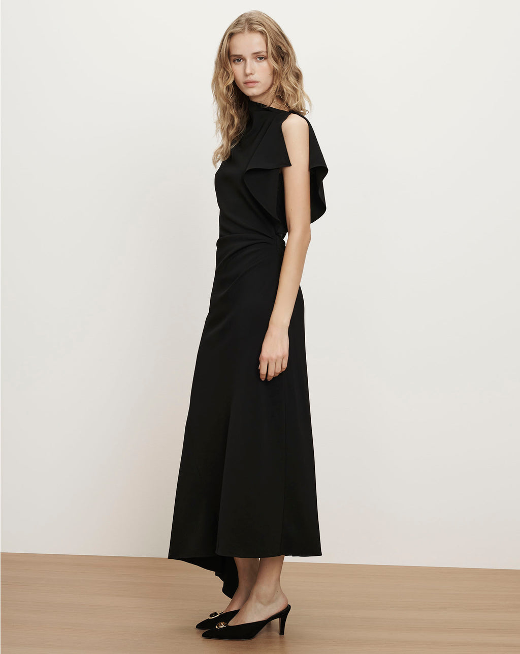 Veronica Beard Black midi dress, high neck, flutter sleeves, asymmetric hem.