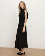 Veronica Beard Black midi dress, high neck, flutter sleeves, asymmetric hem.