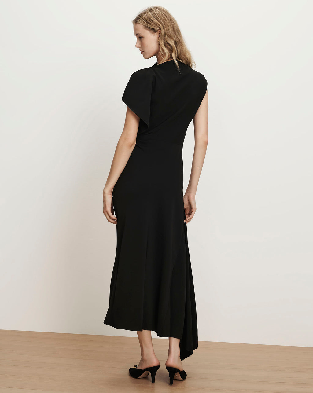 Veronica Beard Black midi dress, draped neckline, asymmetric hem.