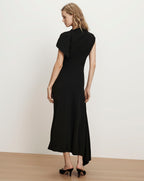 Veronica Beard Black midi dress, draped neckline, asymmetric hem.