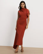 Veronica Beard Red sleeveless midi dress with draped asymmetric neckline.