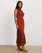 Veronica Beard Red sleeveless maxi dress with asymmetric draped neckline.
