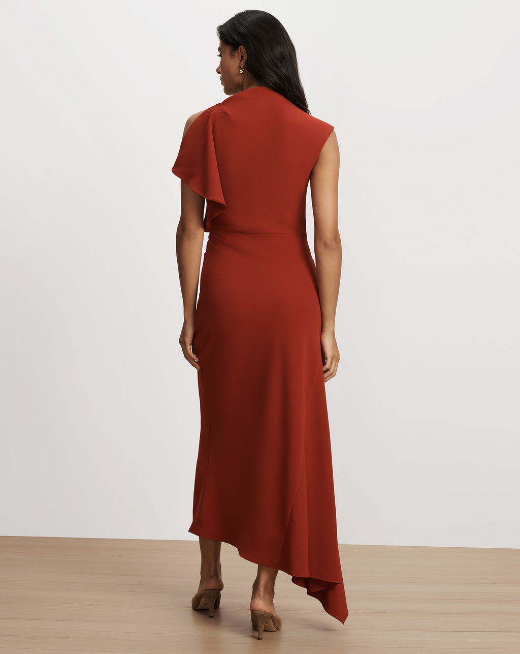 Veronica Beard Rust red maxi dress with asymmetrical drape.