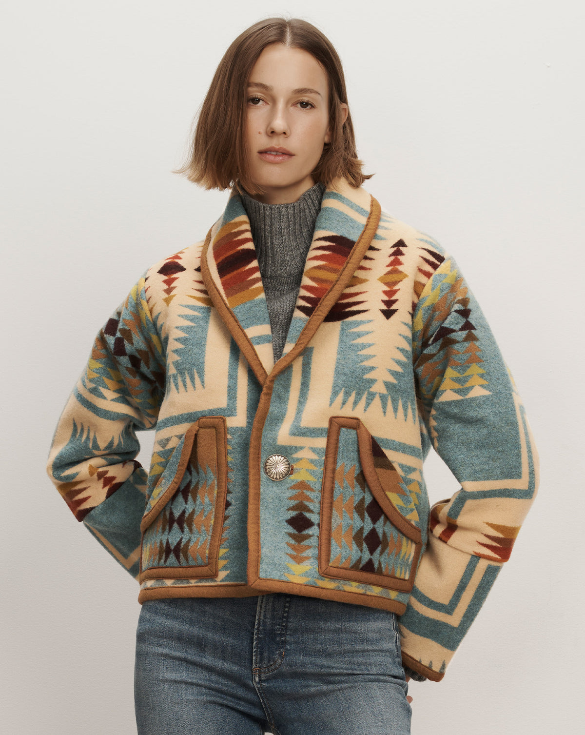 Veronica Beard Multicolor patterned wool shawl collar jacket.