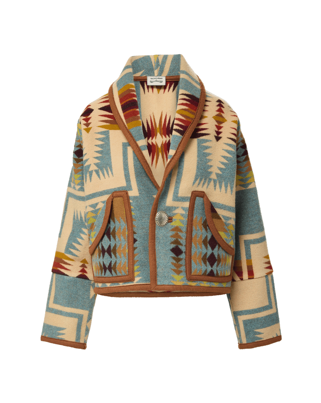 Veronica Beard Multicolor geometric wool cropped jacket with shawl collar.