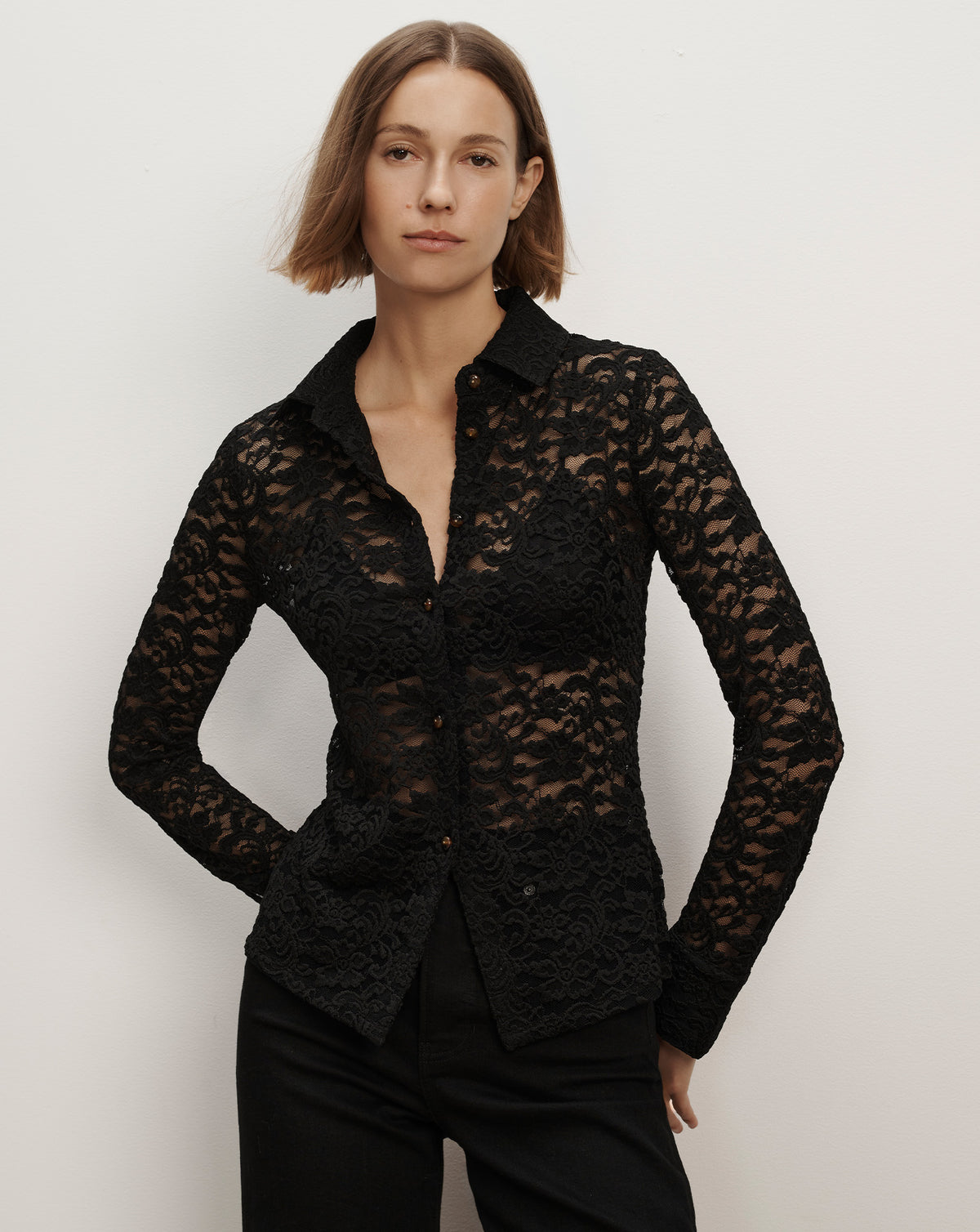 Veronica Beard Black lace long-sleeve button-down shirt.