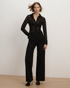 Veronica Beard Black lace button-down shirt and trousers.