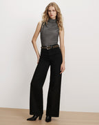 Veronica Beard Grey metallic sleeveless top and black pants.