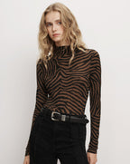 Veronica Beard Brown zebra print fitted turtleneck top.