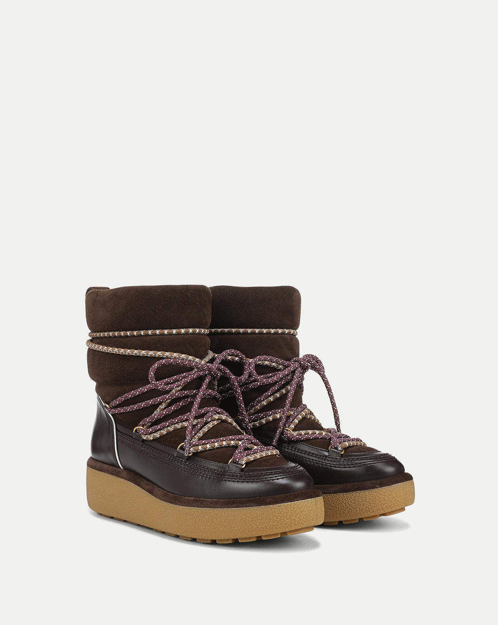 Veronica Beard Brown leather platform snow boots with laces.