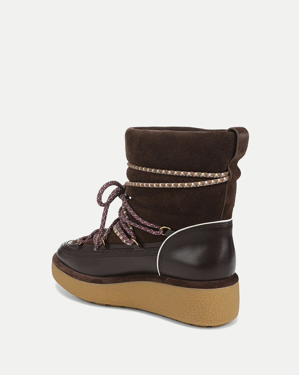 Veronica Beard Brown suede platform boot with patterned laces.