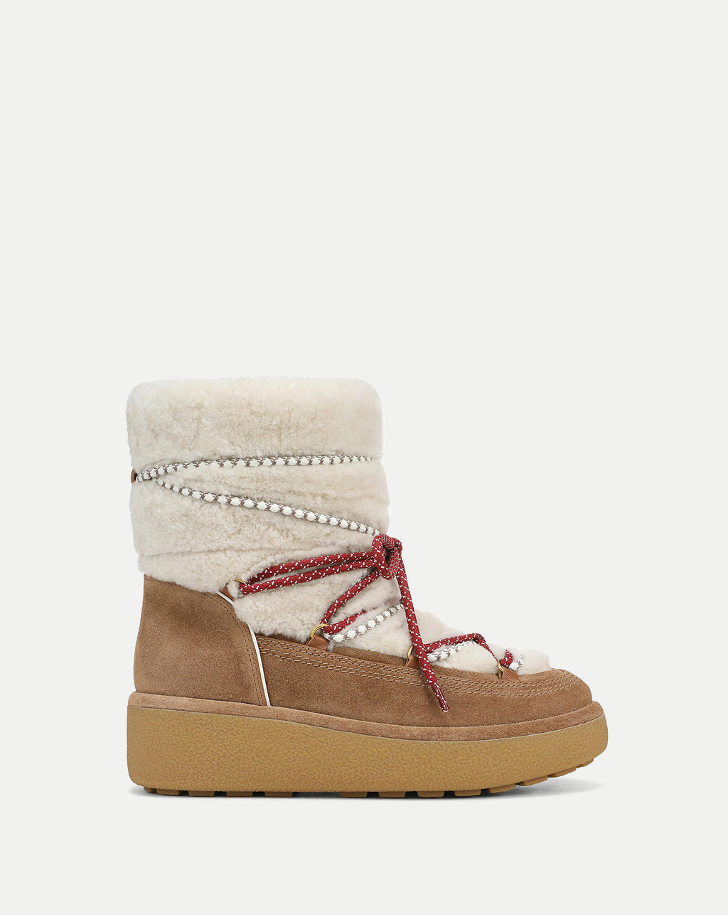 Veronica Beard Brown and cream shearling lace-up platform boot.