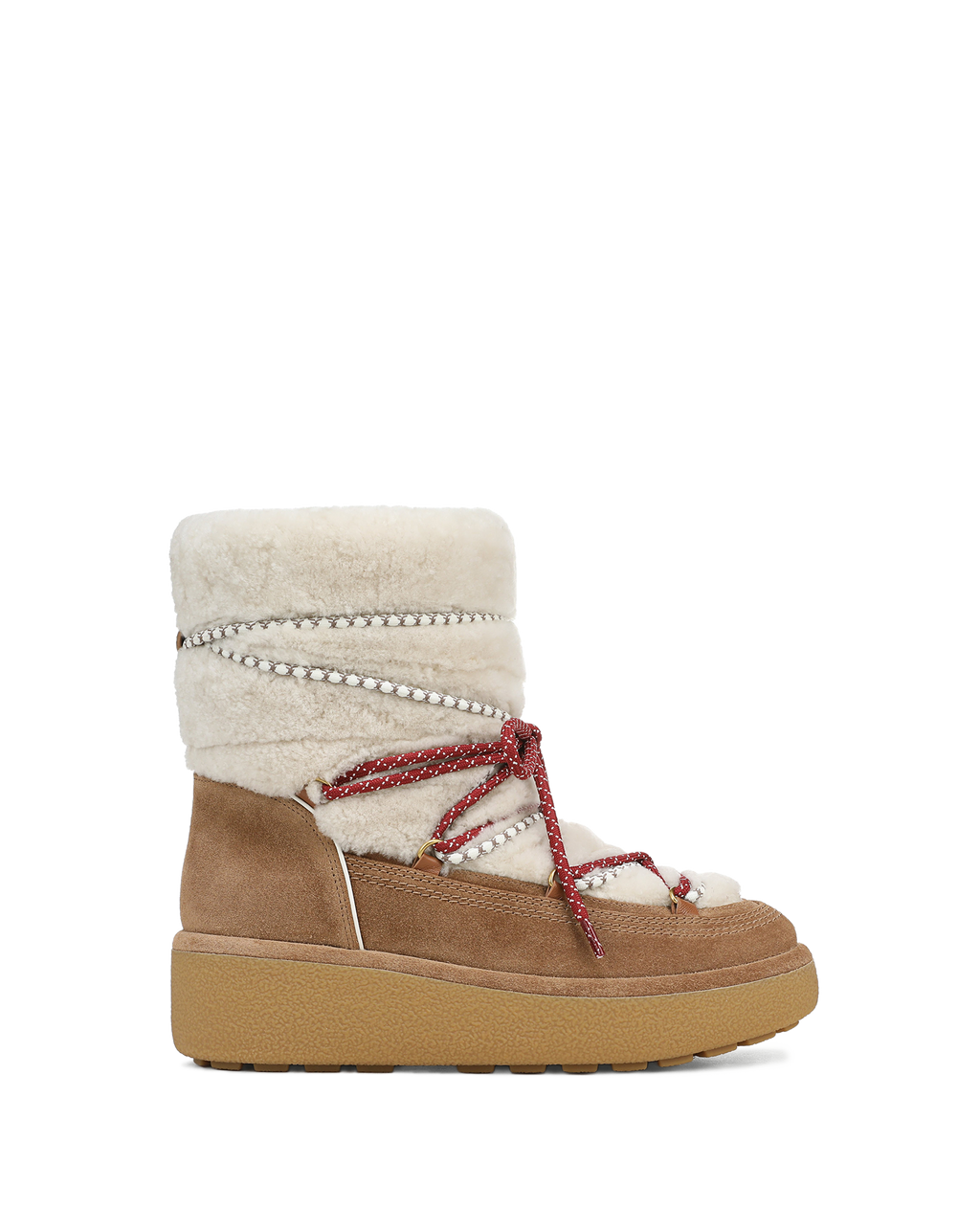 Veronica Beard Brown suede shearling boot with red laces.