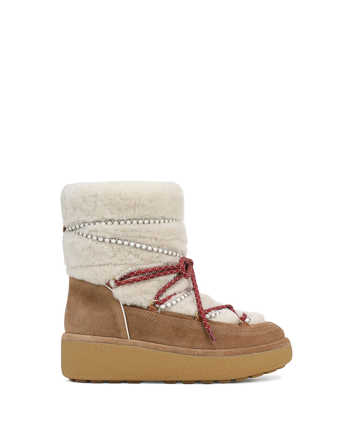 Veronica Beard Brown suede shearling boot with red laces.