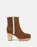 Veronica Beard Brown suede shearling-trim heeled clog boot.