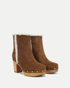 Veronica Beard Brown suede shearling-trim heeled clog boots.