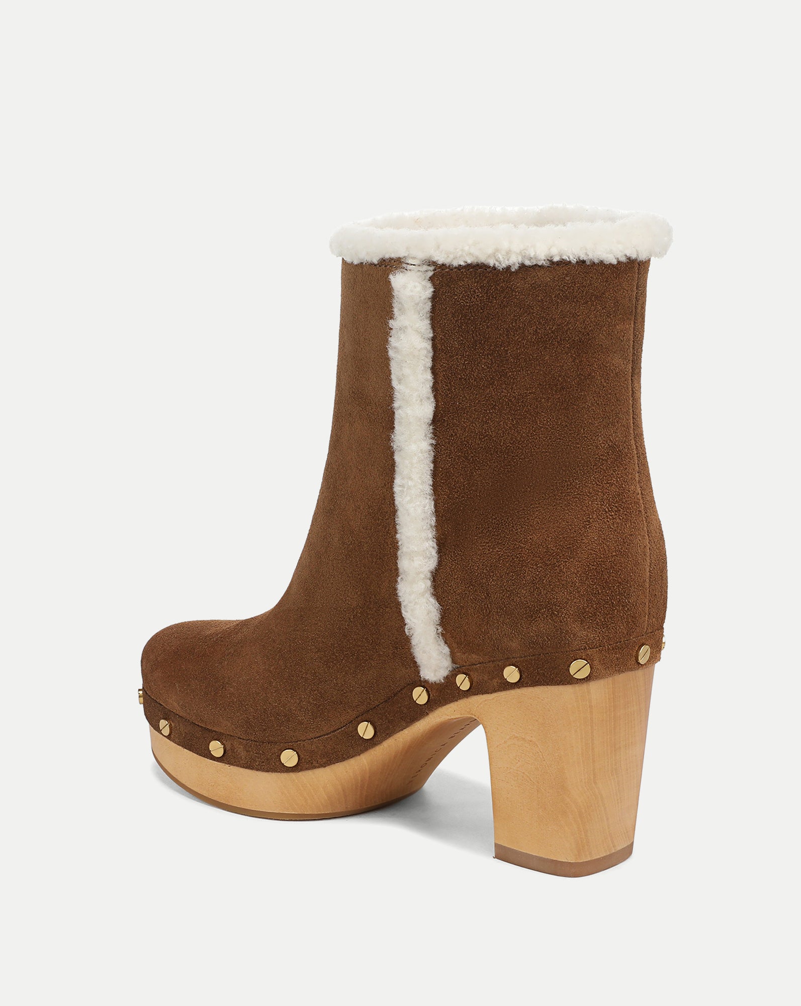 Veronica Beard Brown suede shearling-trimmed wooden platform ankle boot.