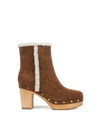 Veronica Beard Brown suede shearling-trim heeled clog boot.