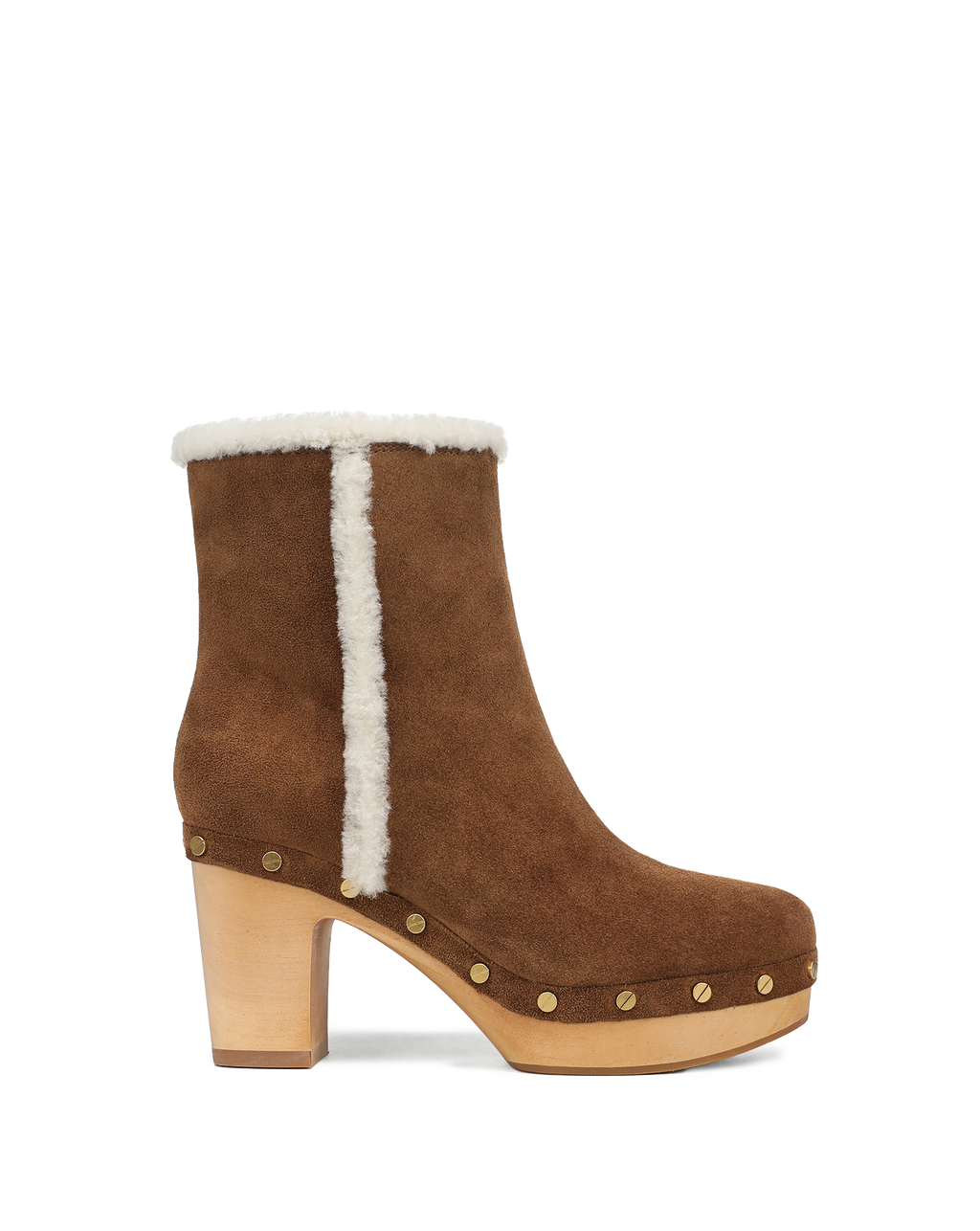 Veronica Beard Brown suede shearling-trim heeled clog boot.