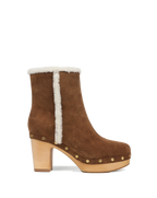 Veronica Beard Brown suede shearling-trim heeled clog boot.
