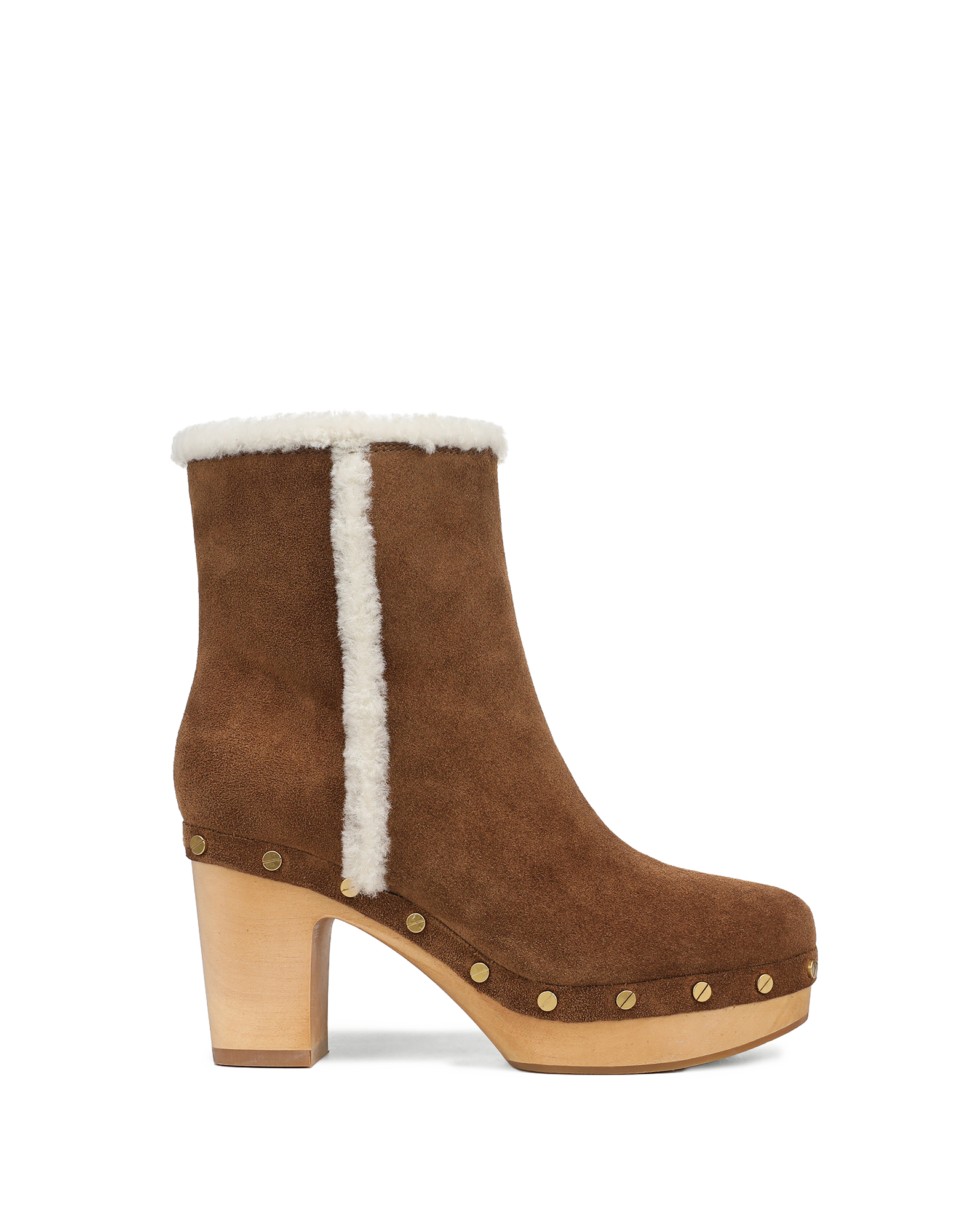 Veronica Beard Brown suede shearling-trim heeled clog boot.