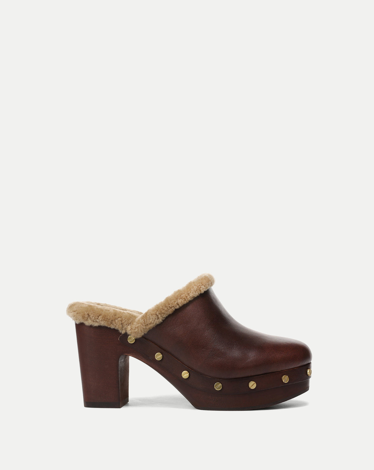 Veronica Beard Brown leather shearling-lined heeled clog with studs.