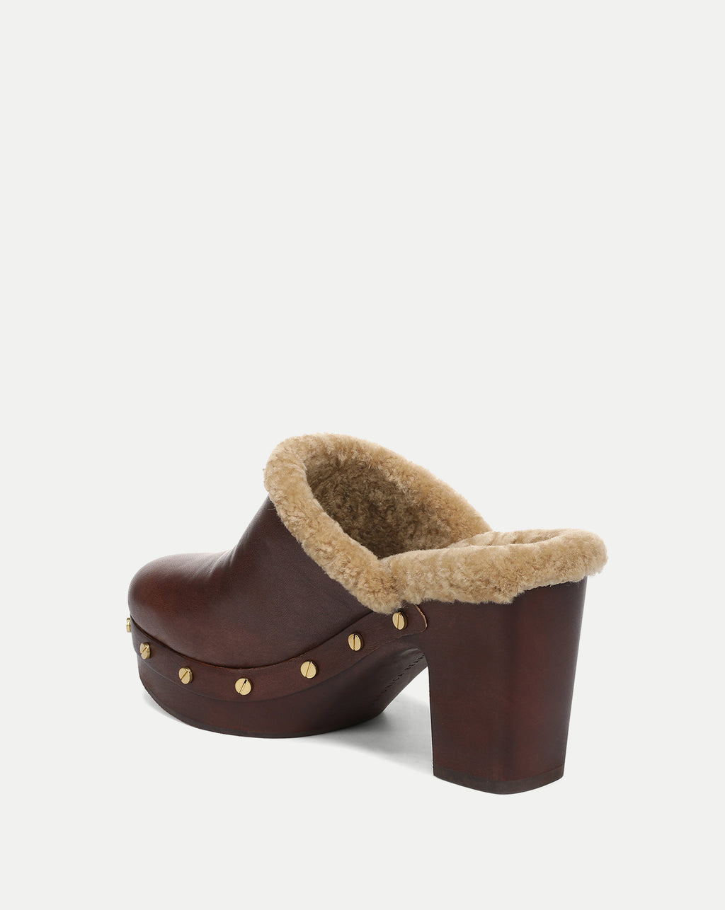 Veronica Beard Brown leather faux-fur lined studded wooden clog.