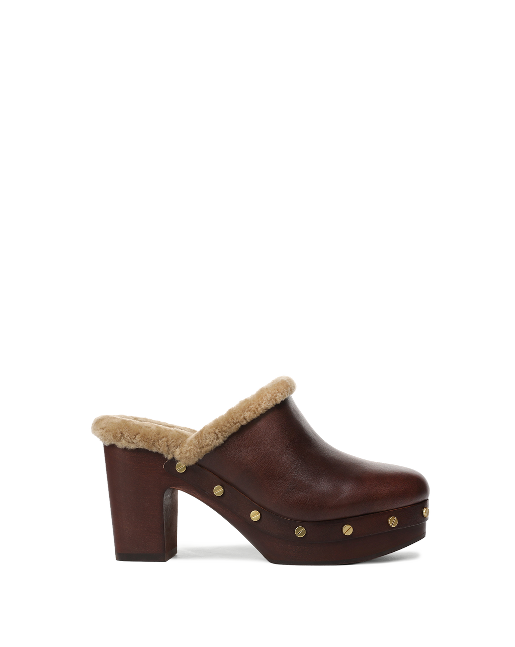 Veronica Beard Brown leather shearling-lined platform heeled clog.