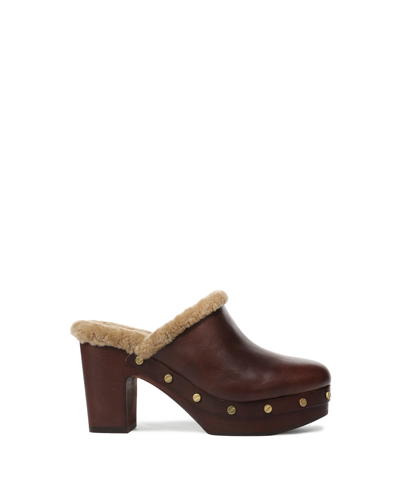 Veronica Beard Brown leather shearling-lined platform heeled clog.