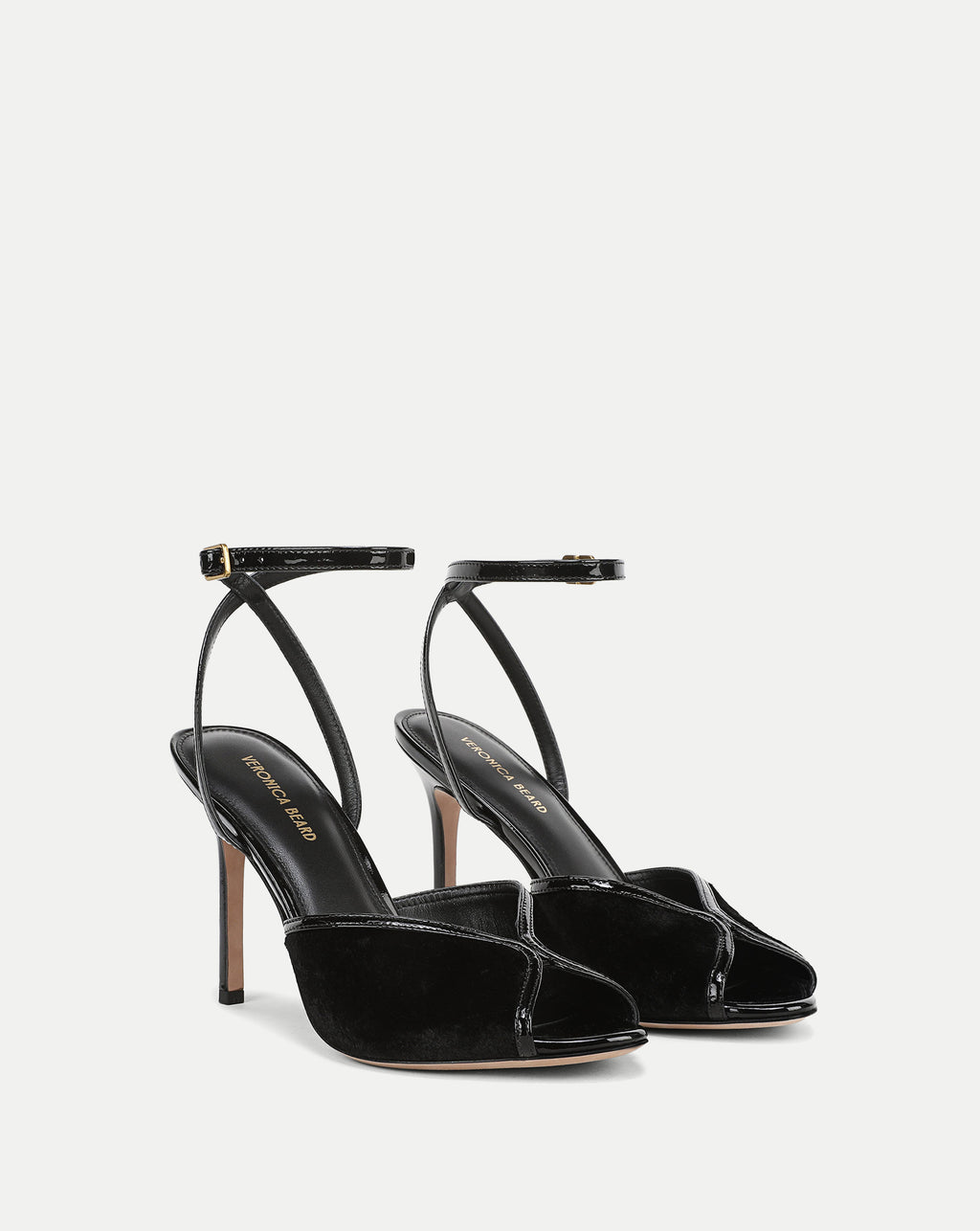 Veronica Beard Black patent leather and velvet heeled sandals.
