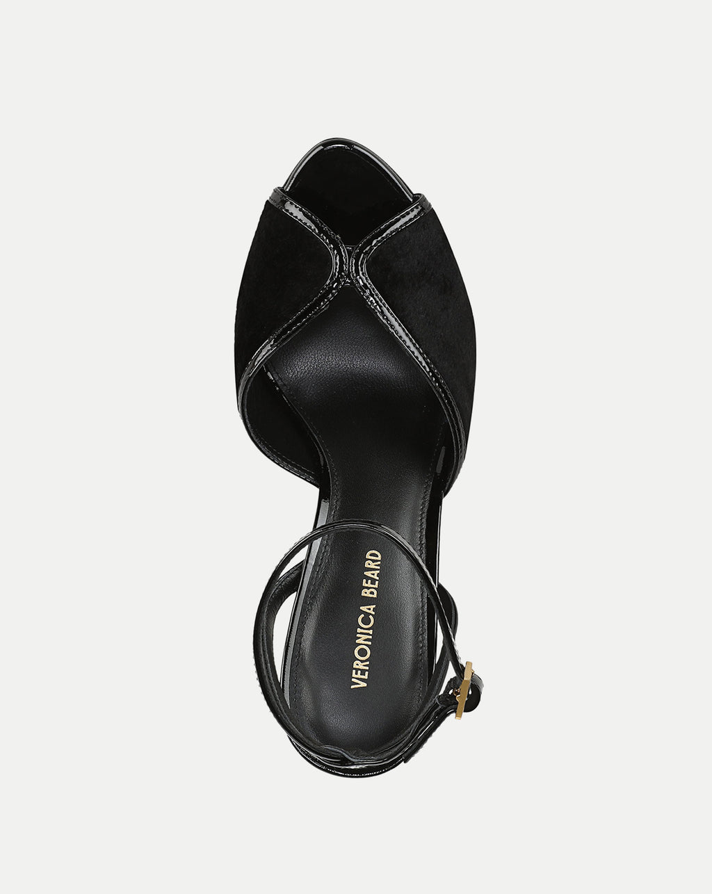 Veronica Beard Black patent leather and suede peep-toe heeled sandal.