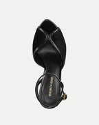 Veronica Beard Black patent leather and suede peep-toe heeled sandal.