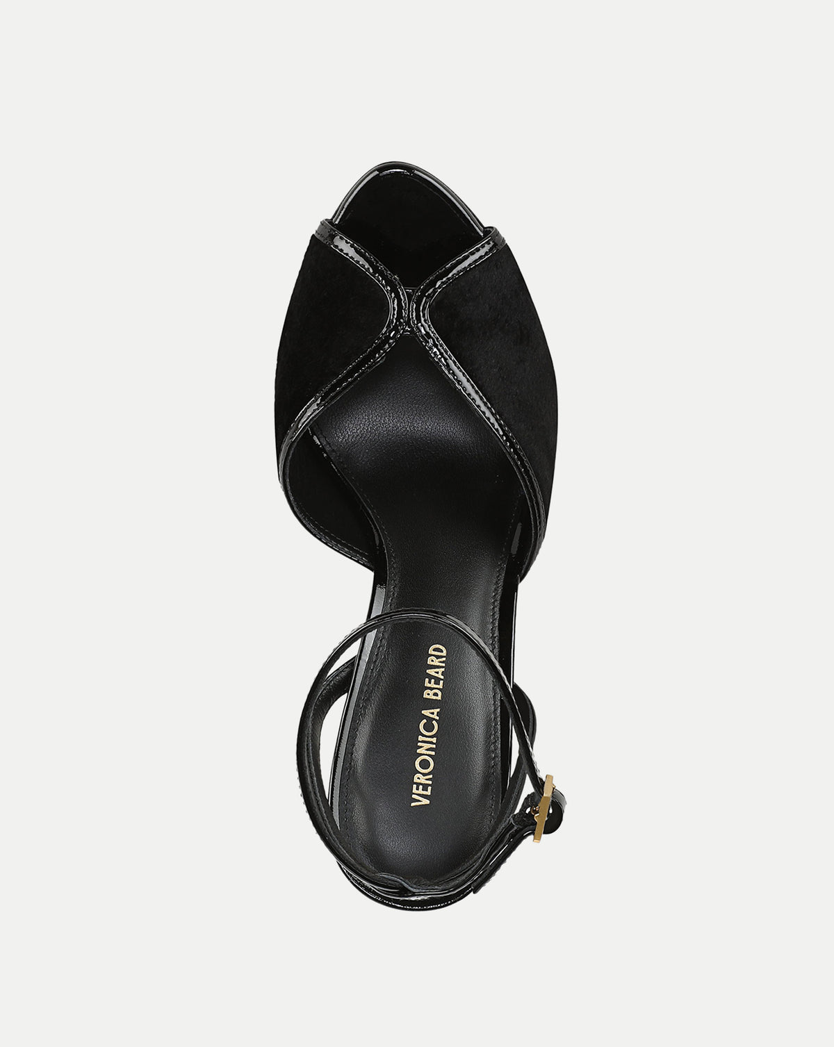 Veronica Beard Black patent leather and suede peep-toe heeled sandal.