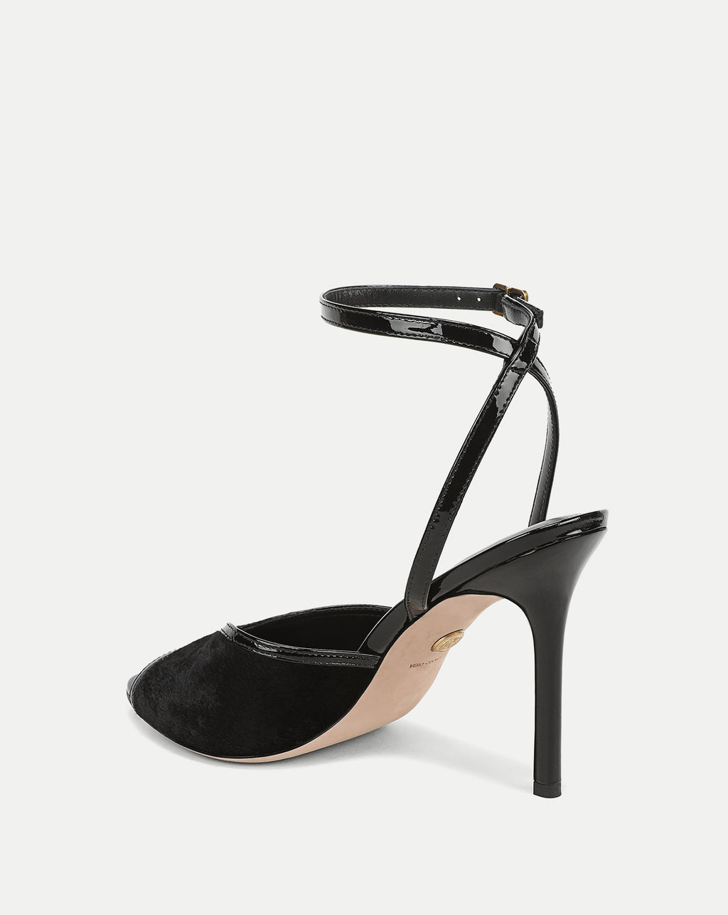 Veronica Beard Black patent leather stiletto ankle-strap heel.