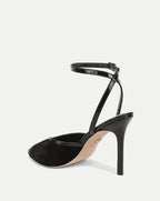 Veronica Beard Black patent leather stiletto ankle-strap heel.