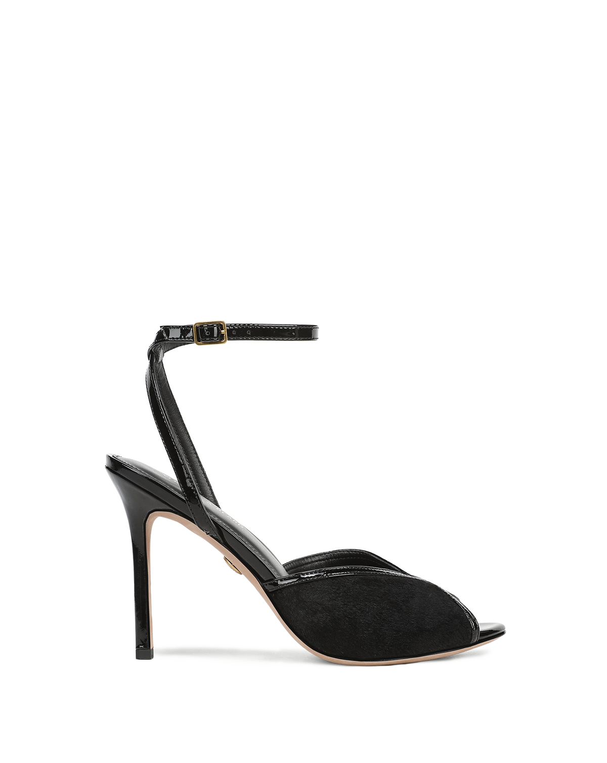 Veronica Beard Black patent leather and suede high-heeled sandal.