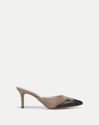 Veronica Beard Taupe suede and black snakeskin pointed stiletto heel.