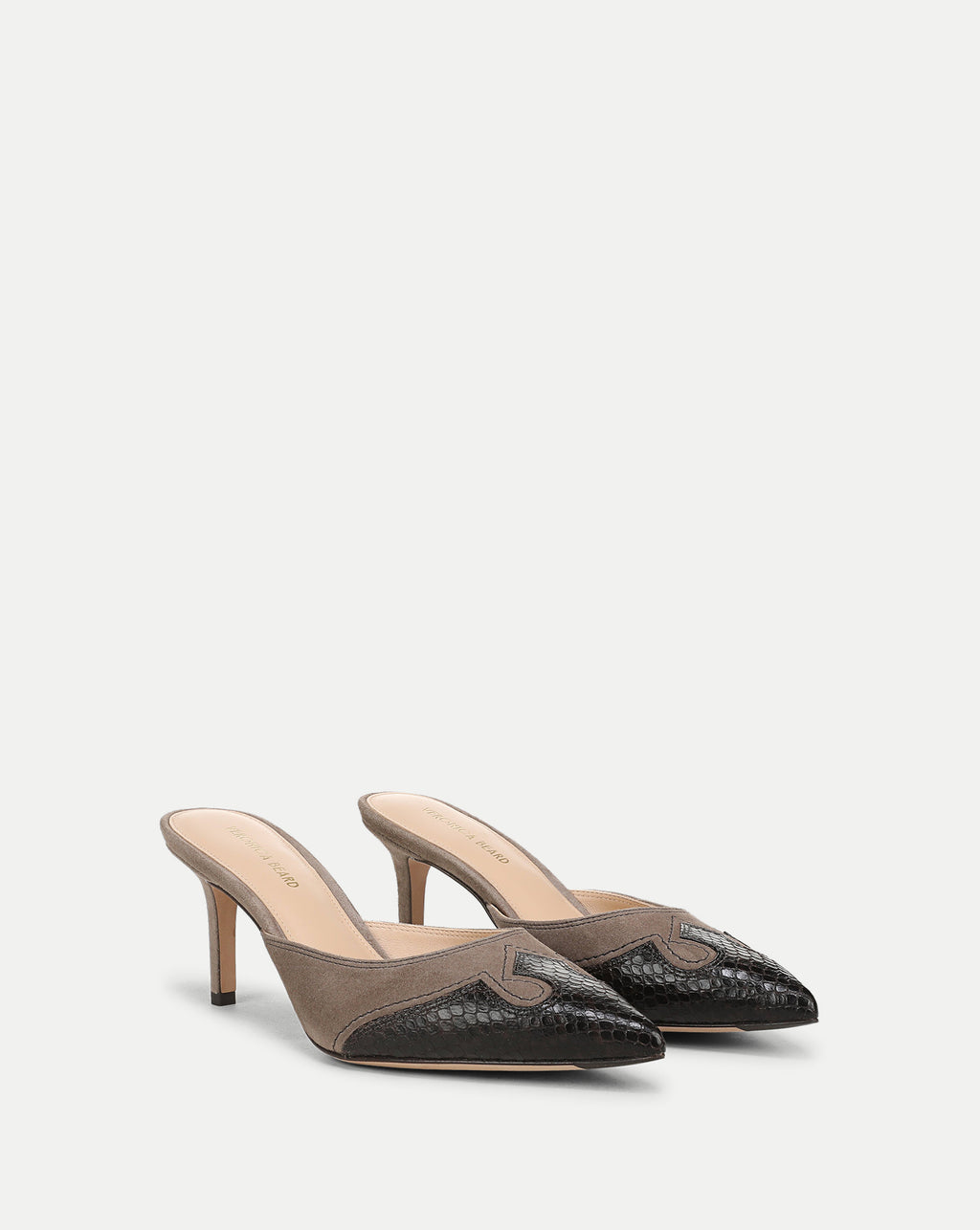 Veronica Beard Brown suede and snakeskin pointed-toe stiletto mules.