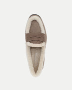 Veronica Beard Brown suede shearling-lined slip-on penny loafer.